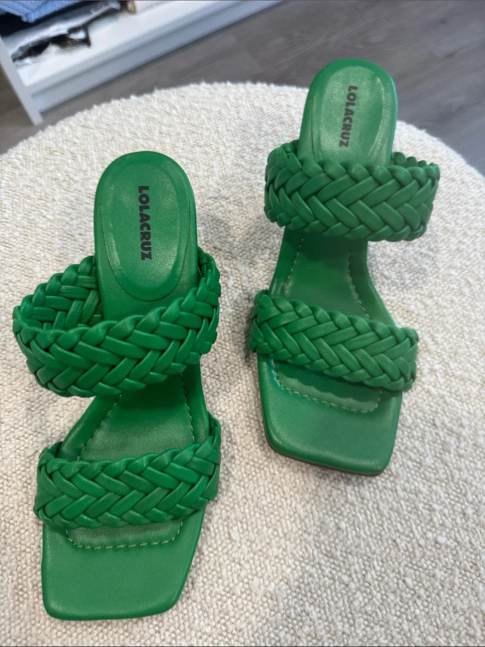 Green Braided Double-Strap Heeled Sandals for Women